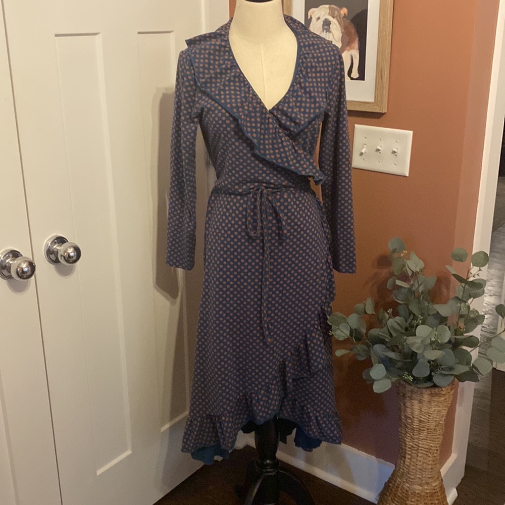 Matilda Jane midi Reunion Teal Tan polka dot wrap ruffled trim L dress